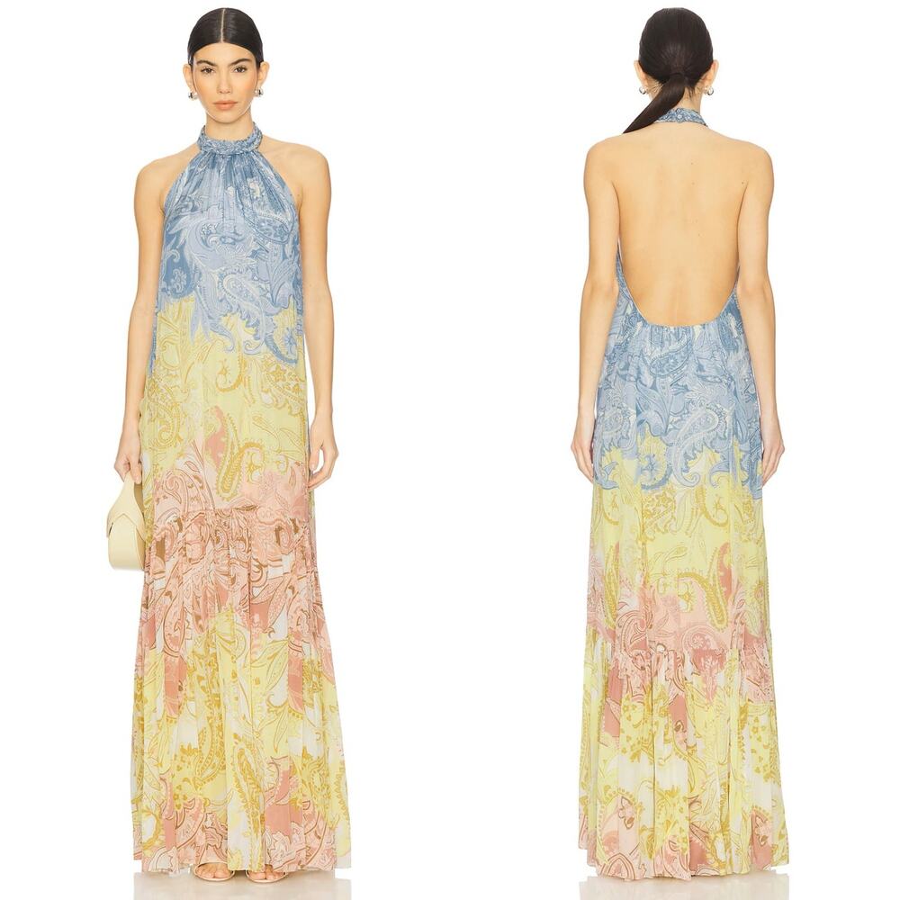 Hemant & Nandita Fiza Dress Halter PaisleyWestern Pastel Yellow Blue S - Picture 3 of 12